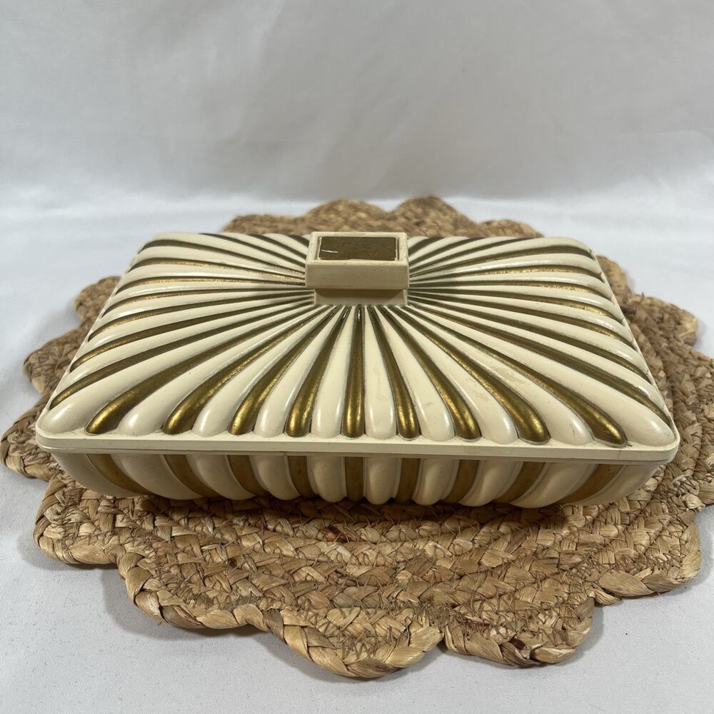 Vintage Syroco Gold & Cream JEWELRY Trinket Box 2 Layer Tray Flocked Velvet